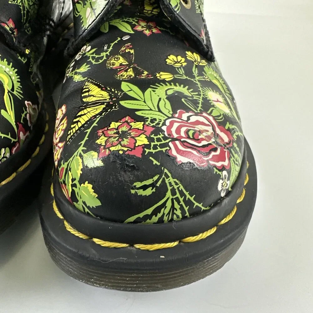 Dr Martens Floral Bloom Leather Combat Boot Lace Up Ankle Black Pink Womens 6 - Picture 4 of 13